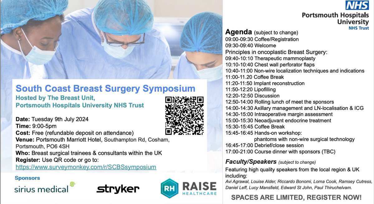 South Coast Breast Surgery Symposium   
9th July 2024 at Portsmouth Marriott Hotel   

Register ➡ surveymonkey.com/r/SCBSsymposium  
@PHU_NHS  @ercstjohn

#breastsurgery #breastcancer #oncoplastic #surgery