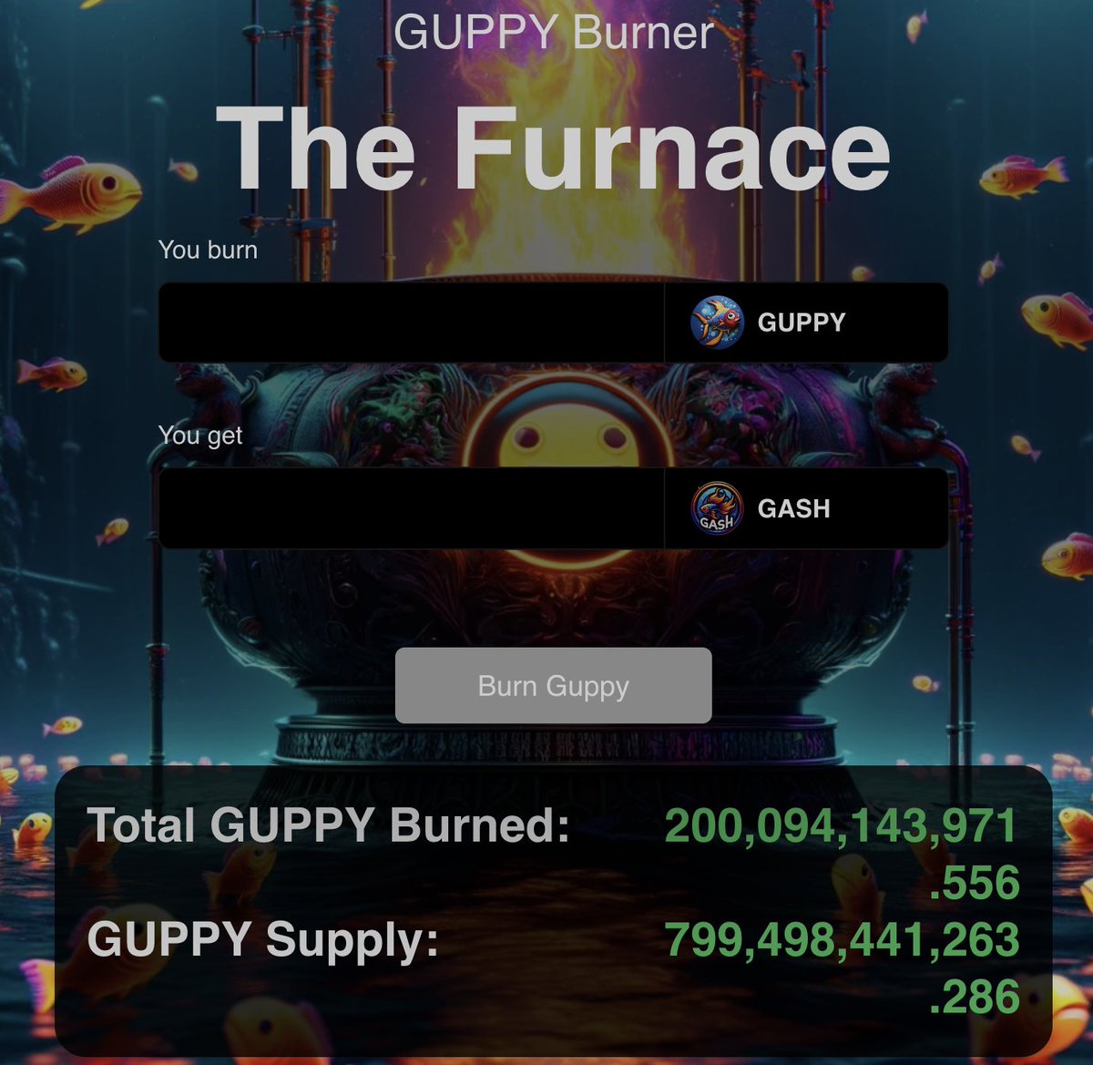 Can you smell what The Furnace is cooking? 🐠 20% of the $GUPPY supply has now been burnt 🔥 $gASH staking is yielding 100%+ APR 📈 Wait until you see what happens for The Furnace v2