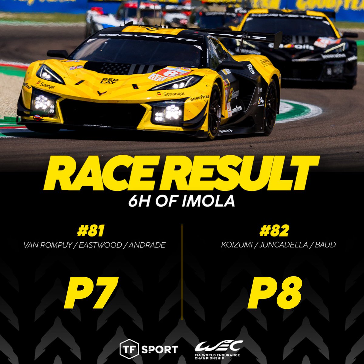 Both cars in the points at a crazy Imola 🙌 We fought our way into the top ten throughout a challenging race, with mid-race rain throwing everything up in the air. 🟡 #81 LMGT3 ➡️ P7 ⚫️ #82 LMGT3 ➡️ P8 That was a proper endurance race. We go again in Spa 🇧🇪 #TFSport #WEC