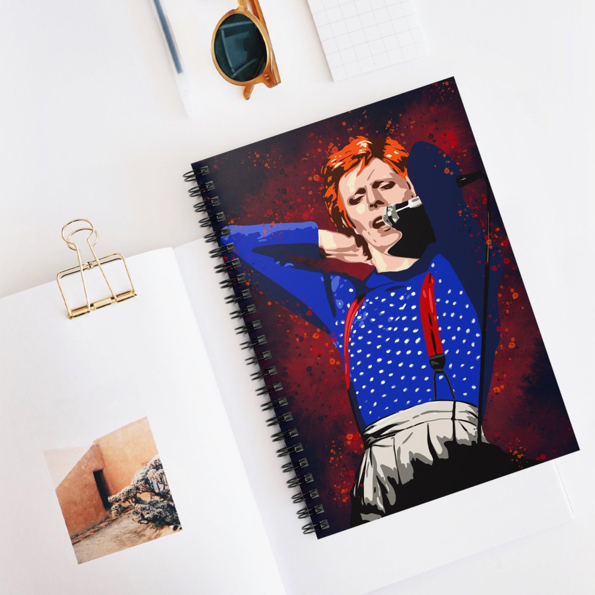 David Bowie Inspired Spiral Notebook - Ruled Line, Bowie themed journal, gift for Bowie fan tuppu.net/75159306 #GreetingCards #GiftIdeas #Artwork #SpiralNotebook