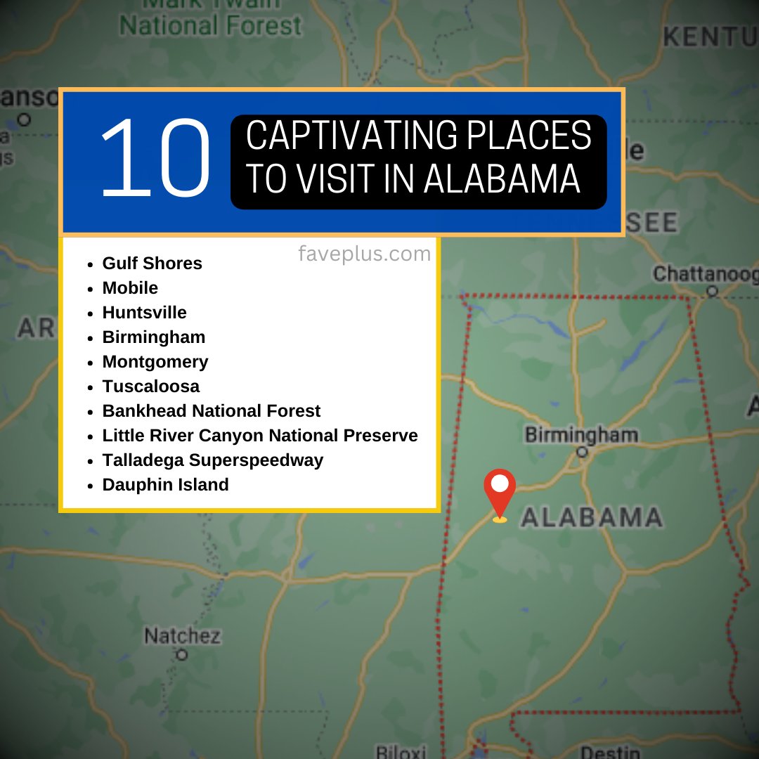 🌟 Exploring Alabama: Must-Visit Destinations 🌟
📍 Gulf Shores
📍 Mobile
📍 Huntsville
📍 Birmingham
📍 Montgomery
📍 Tuscaloosa
📍 Bankhead National Forest
📍 Little River Canyon National Preserve
📍 Talladega Superspeedway
📍 Dauphin Island

#travelersguide #alabamatravel 🚗