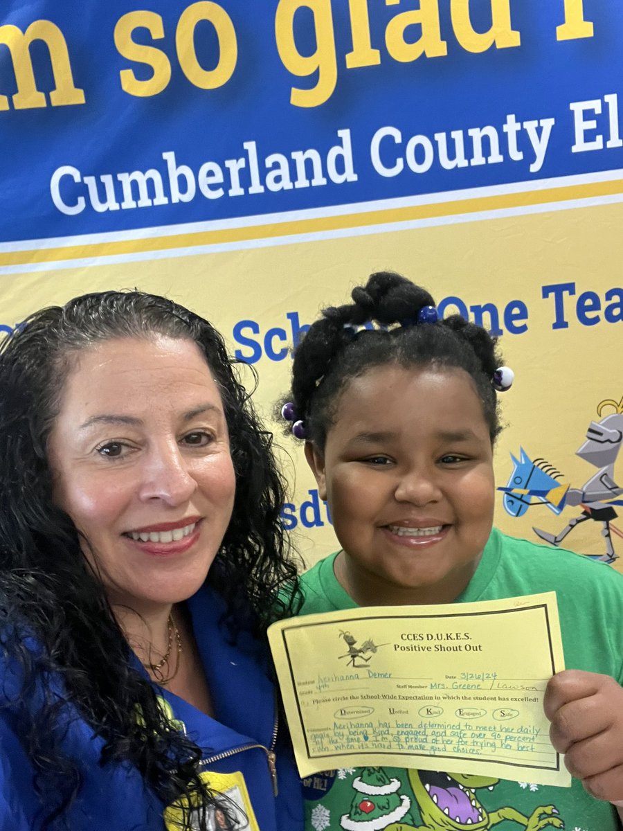 Aerihanna earned a Positive Duke Shoutout for being Determined, Kind, Engaged, and Safe. She’s been working hard to meet her behavior goals even when the choices are hard for her. Keep it up! #GoodNewsCallOfTheDay #ccesdukes #WeAreCUCPS #25positives