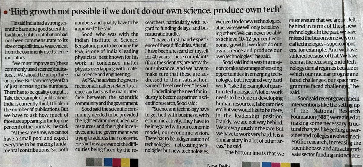 The link of quality in S&T with the economic growth in the country as appeared in an interview of @AjaySoodIISc published in @IndianExpress is to be taken seriously by all of us. We can compete with the world only if we work on relevant problems.