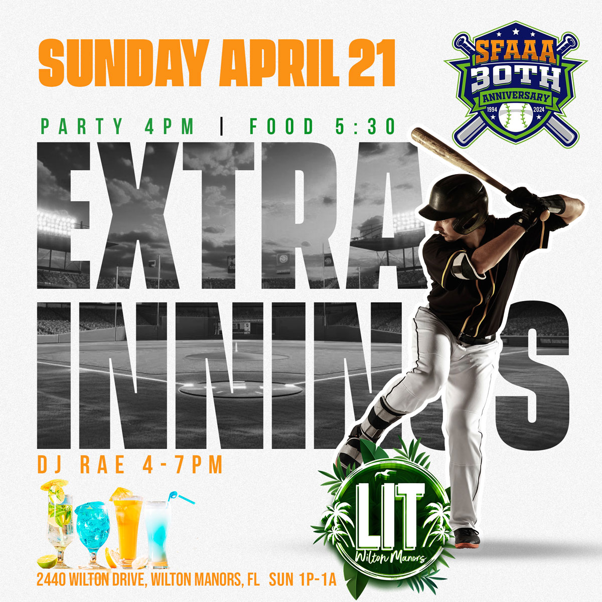 🎉🥎 The fun never stops on the fields 🥎🎉
SFAAA Extra Innings TODAY!
🌈 Fun: 4:00pm
🍻Ice-Cold Beverages: 🔄
🍹Signature Cocktails: 🔄
🍴Food: 5:30pm
🎶 Music DJ RAE 4-7pm
🤝Friends: Lifetime
#gaysoftball #sfaaa_softball #wiltonmanors  #30yearsofgaysoftball #getlitwithus