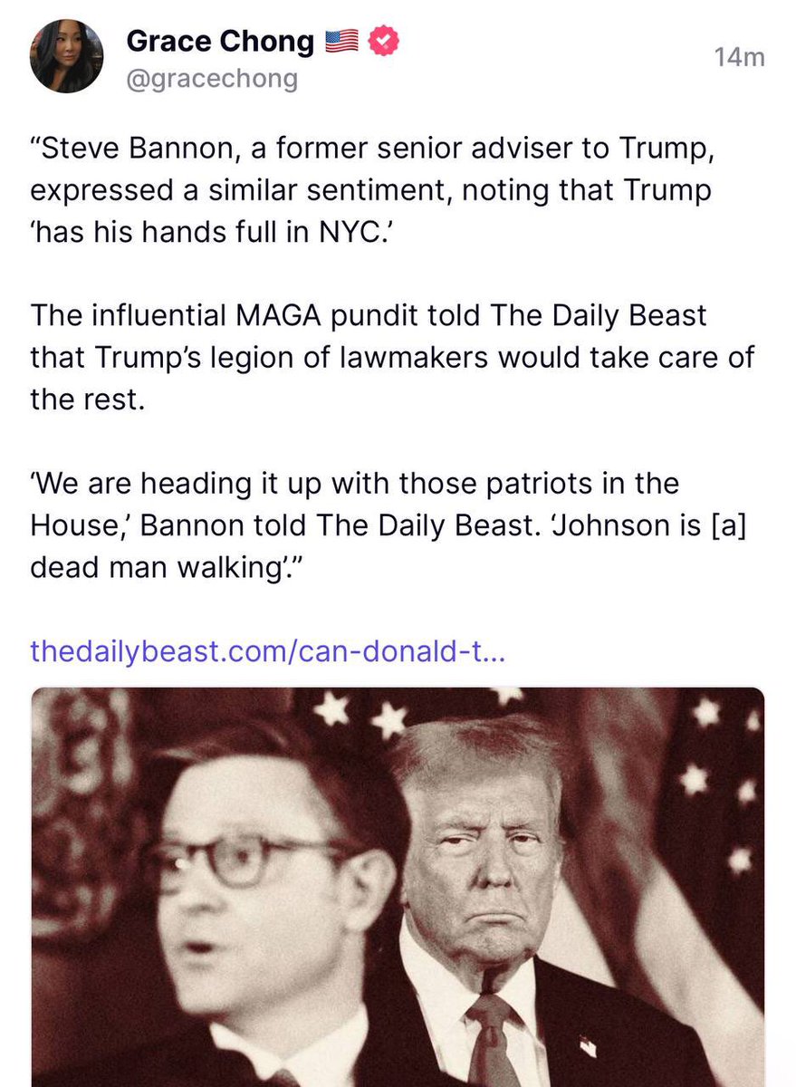 WOW @SpeakerJohnson : DEAD MAN WALKING! “Steve Bannon, a former senior adviser to Trump, expressed a similar sentiment, noting that Trump ‘has his hands full in NYC.’ The influential MAGA pundit told The Daily Beast that Trump’s legion of lawmakers would take care of the rest.