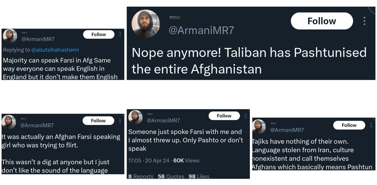Pashtuns hate/envy Tajiks and Farsi. This is what the majority of Pashtuns/Afghans are like but behind closed doors. I like this armani Pashtun because he is honest enough to expose what they think and feel when they're by themselves. The type of Pashtuns to not trust are the