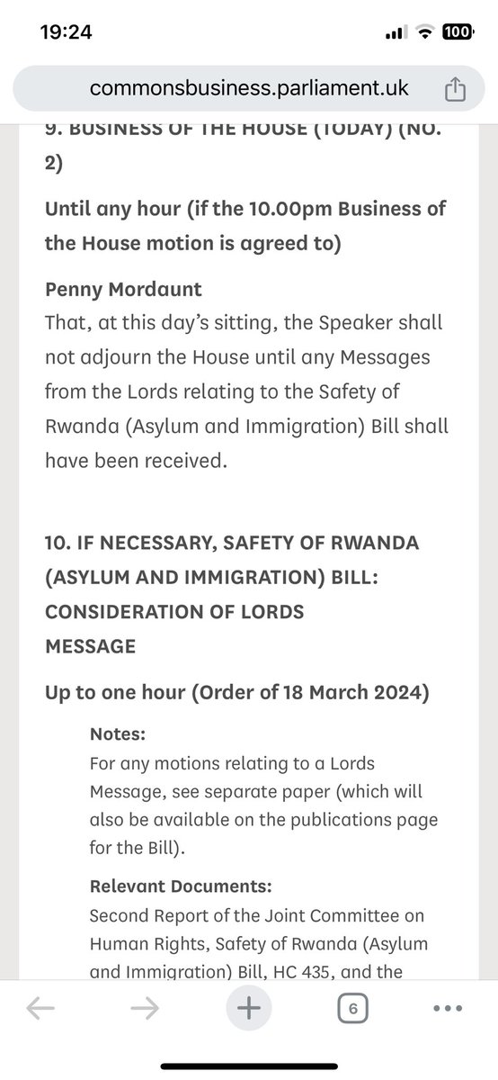 There are motions on tomorrow’s @HouseofCommons order paper to allow the chamber to sit past the normal 10pm adjournment tomorrow if the Lords send the Rwanda bill back again. commonsbusiness.parliament.uk/Document/86885…