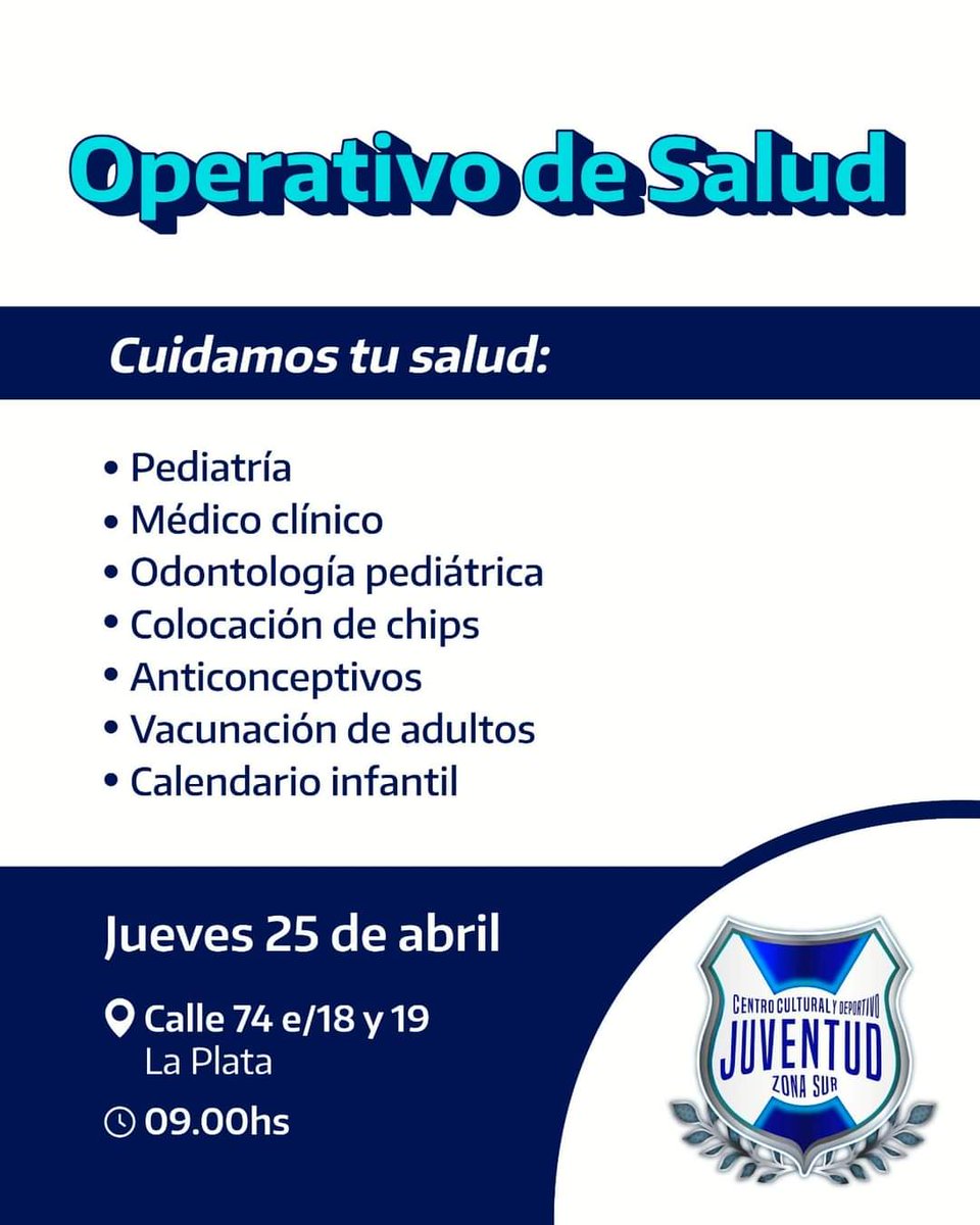 BUTlpOk's tweet photo. 🏥Operativo de Salud en Altos de San Lorenzo

✅ Pediatría 
✅ Médico Clínico 
✅ Odontología Pediátrica
✅ Colocación de Chip anticonceptivos (desde los 13 años y reservar turno por privado previamente

📅 25 de Abril 2024 
🏣Club Juventud Zona Sur 
🧭 74 e/ 18 y 19 
⏰ 9:00hs. https://t.co/AfLTQgh6zc