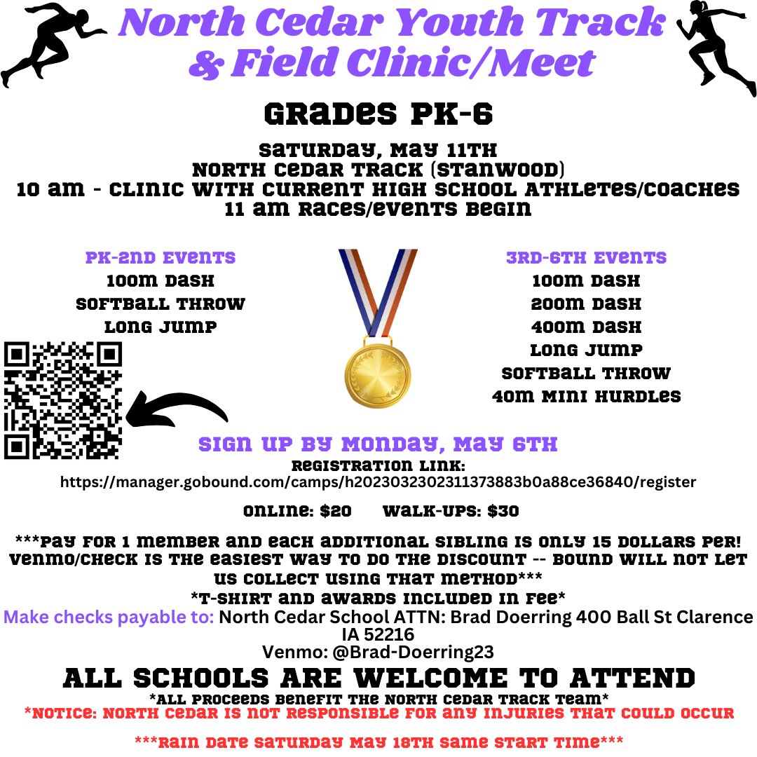brad_doerring's tweet photo. ‼️ YOUTH TRACK MEET DATE CHANGE ‼️

We have changed our date to May 11th to accommodate our youth soccer league.  Hopefully, this will allow us to get more participation!!  THE RAIN DATE WOULD BE THE FOLLOWING SATURDAY MAY 18TH!!! @TrackGuyUSA @MikeJaytrackxc https://t.co/2ngbPzuUVp