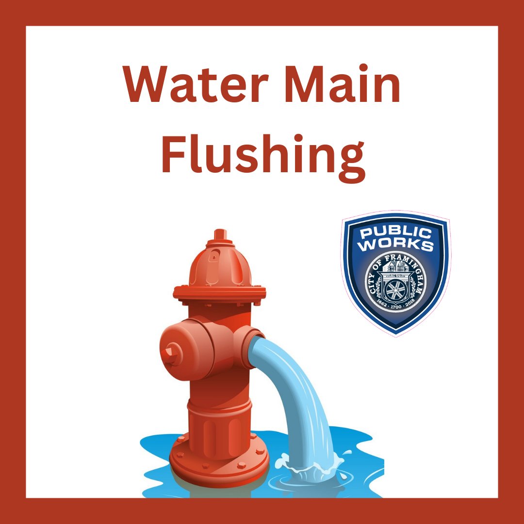 City of #Framingham DPW to conduct water main flushing for 4-6 weeks starting April 22. More information visit - framinghamma.gov/CivicAlerts.as… @DPWFramingham