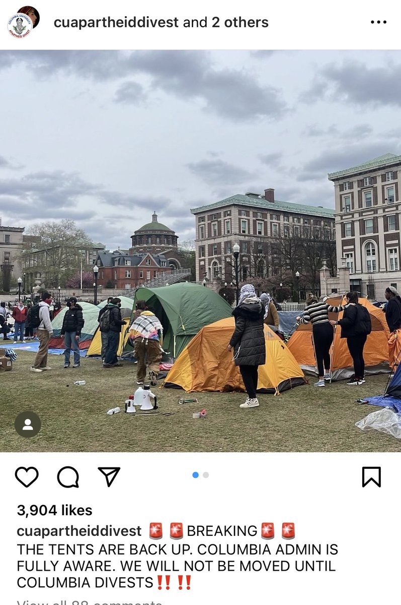 The tents are back up on #Columbia University’s main campus lawn after being taken down following the arrest of more than 100 pro-Palestine protesters on Thursday.