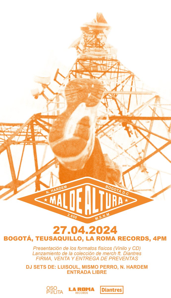 n_hardem's tweet photo. SÁBADO 27 DE ABRIL 4PM, ENTRADA LIBRE !

'MAL DE ALTURA'.
Entrega de preventas, venta y firma de discos.

Lanzamiento de la nueva colección de merch ft. DIANTRES

DJ Sets de: @LuisGuillott , Mismo Perro y Nelson Candela.

Todo en @LaRomaRecordsCO Teusaquillo. https://t.co/FmzSxyYW6Q