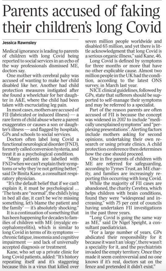 'Parents accused of faking their children's #LongCovid' @thetimes 'It's the default belief if we can't explain it, it must be psychological... it's absolutely shocking'- @BinitaKane 'LongCovid is going the same way as #ME'-Dr Nigel Speight #pwME #MEcfs #FND #MedTwitter