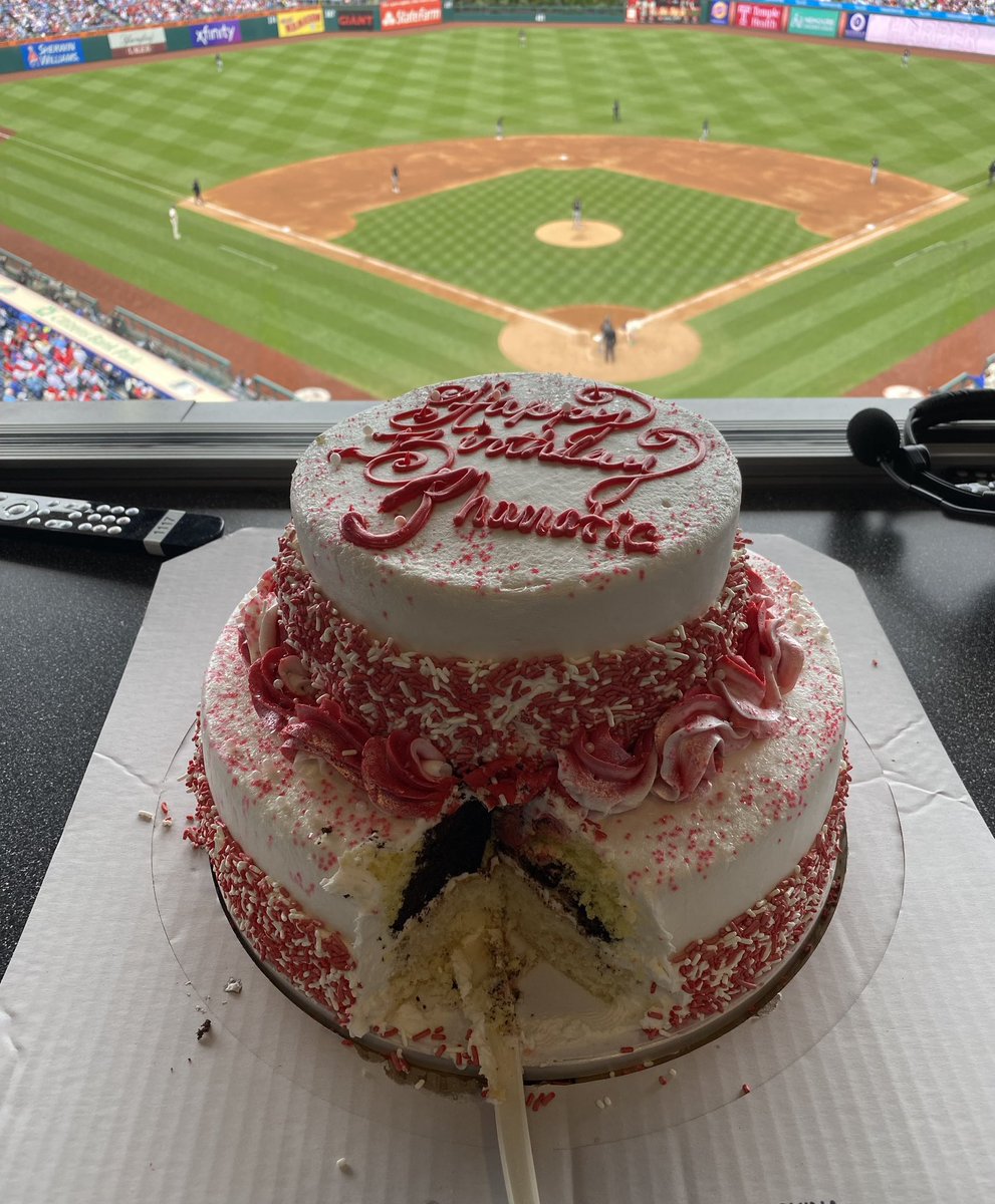 We’re digging in in the radio booth! Happy birthday, Phanatic! Thanks, @GiantFoodStores! #PhilliesRadioBooth