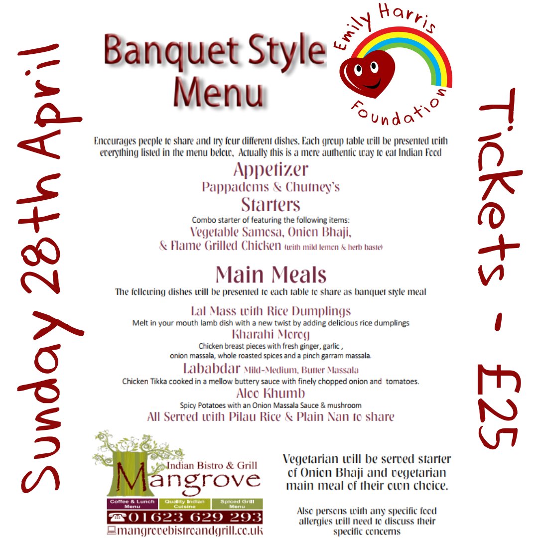 This time next week we will be enjoying our Curry Night at the Mangrove - if you still need some persuading to buy a ticket, here is an example of the menu from previous events! All dietary needs can be catered for. Buy through our on-line shop or contact us directly!
