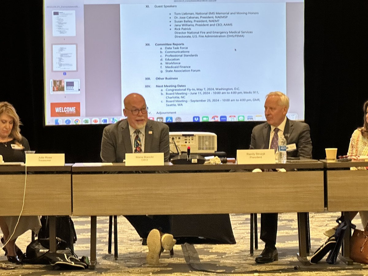 The @amerambassoc Board continues. Excited to see the partnerships present in the room as we welcomed leaders from @NAEMT_ @AAMS @usfire @NAEMSP @EMSmemorial to brief on their activities. @hp_ems #Ambucon24
