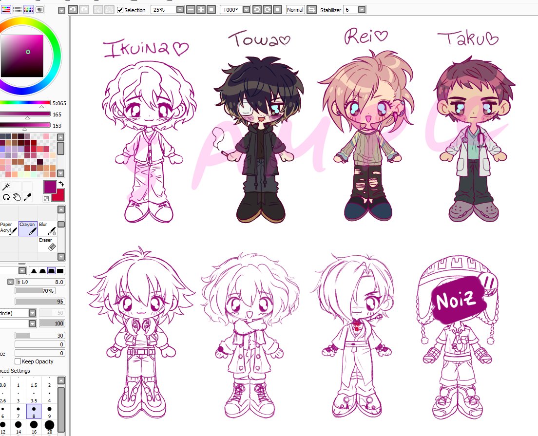 OK SO!!! I have these guys so far for the slow damage and dmmd keychains.

Should i draw more charas??? if yes which ones? idk if i wanna draw /ALL/ of them so pls lmk your faves!! (sorry noiz is censored bc he looks bad HSDJSHFJGK i'll redo him later) 