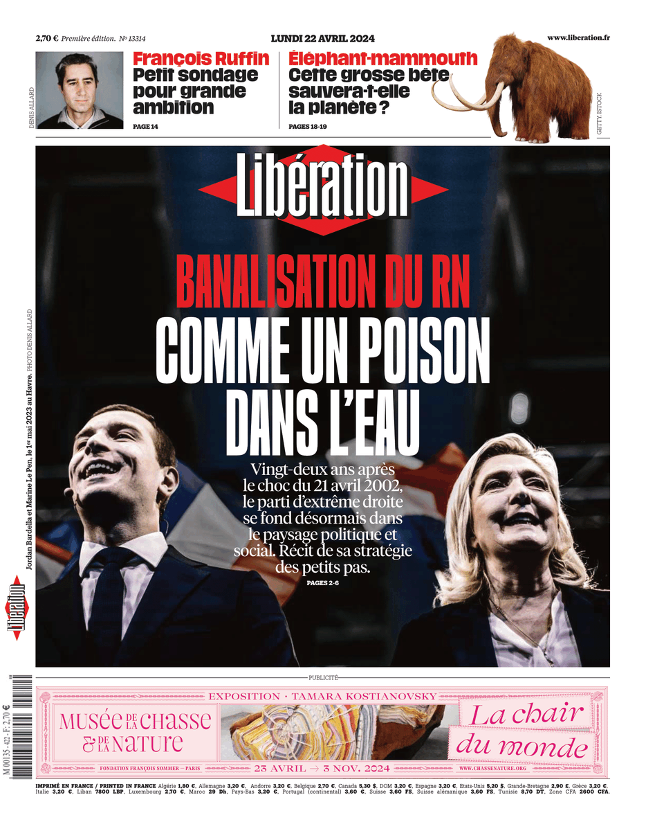 Banalisation du RN : comme un poison dans l'eau. C'est la une de @libe lundi. 22 ans après le choc du 21 avril 2002, le parti d’extrême droite se fond désormais dans le paysage politique et social. Récit de sa stratégie des petits pas.