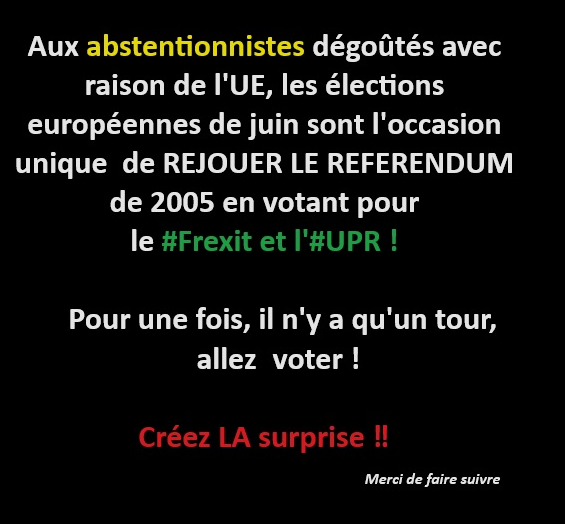 @bayrou Pas de souci, notre conviction est déjà faite : sortir de l'UE, le plus tôt sera le mieux.

                                       #Frexit #UPR