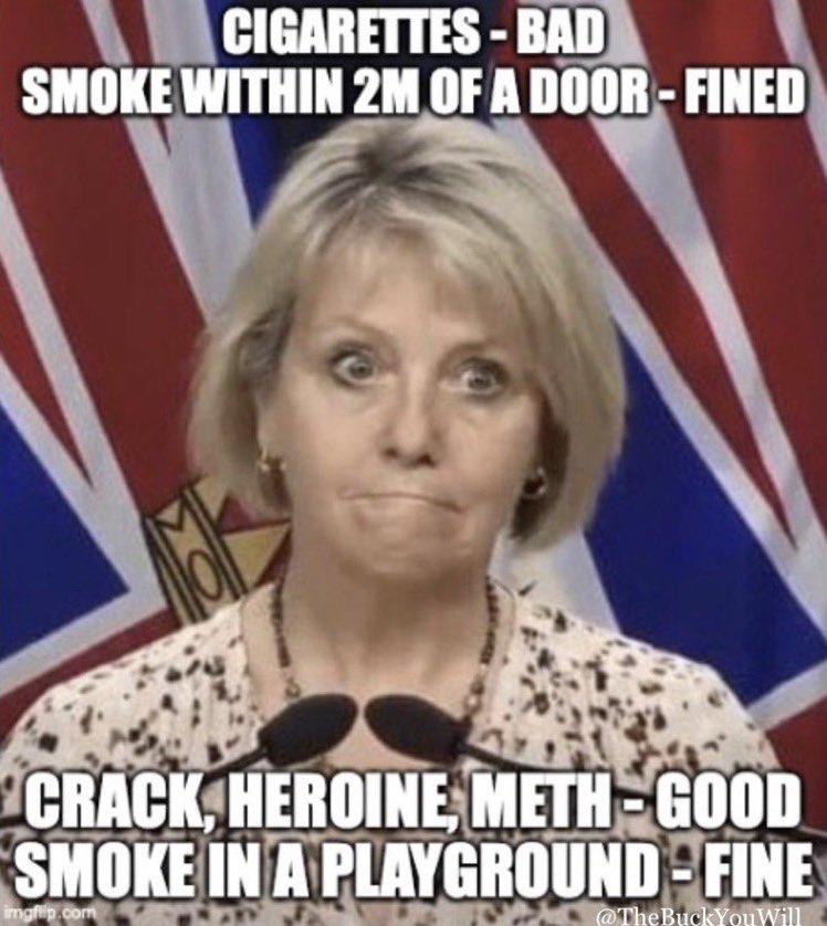 THIS IS A CUNT

Cigarettes - BAD
Smoke 2m of a door - FINED

Crack, Heroine, Meth - GOOD
Smoke in a playground - FINE

Dr. Henry is 100% criminal for depriving healthcare workers of work, pushing a proven vax poison & for unleashing & pushing safe supply.

She is an EVIL woman.