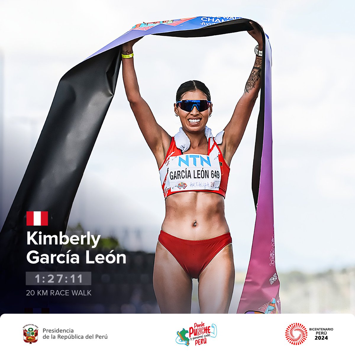 ¡Una peruana que nos inspira y nos llena de orgullo! 🇵🇪🙌🏻 ✅ Desde la Presidencia de la República felicitamos a nuestra atleta nacional, Kimberly García, por lograr la medalla de oro 🥇 en la prueba individual de 20 km de marcha atlética en Turquía. 🏃🏽‍♀️💨 #PonlePunchePerú 💪…