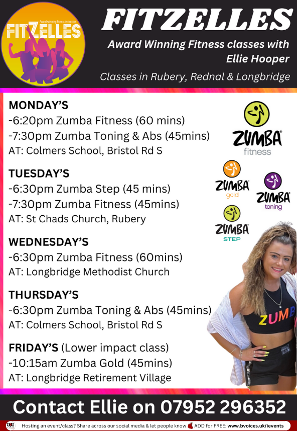 #SWBrumEVENTS – Fitness classes with Ellie Hooper 💪
INFO: 👉  tinyurl.com/3r8tanb7 

📅 Weekly fitness classes
📍 #Rubery, #Rednal and #Longbridge
ℹ️ All levels of fitness welcome, classes are suitable for beginners

#B31VoicesSupportingLocal
#SWBrumWELLBEING
#Birmingham