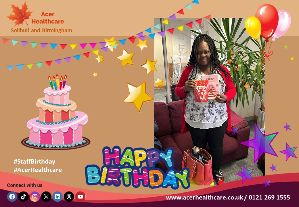 Happy Birthday to our Care Assistant, Joy!
Have a fantastic day!   #happybirthday #staffbirthday

#AcerHealthcare #care #liveincare #HomeCare #birminghamuk #solihull