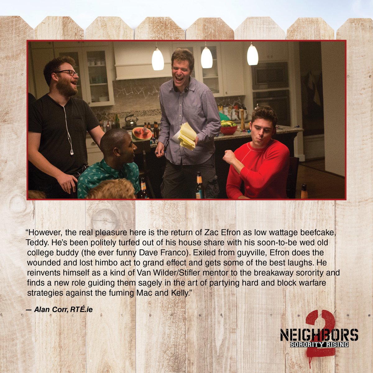 NotableZacEfron's tweet photo. “However, the real pleasure here is the return of Zac Efron as low wattage beefcake, Teddy."
"Exiled from guyville, Efron does the wounded and lost himbo act to grand effect and gets some of the best laughs.”
#Neighbors2 #BadNeighbours2 #Neighbors2SororityRising #ZacEfron https://t.co/hHiKM86ROs