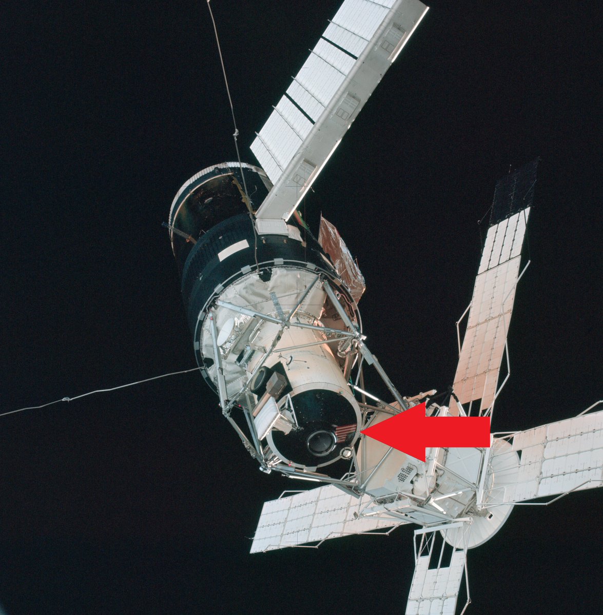 Fun fact: the final change to Skylab was made just before it launched, when Martin Marietta engineers realized they had forgotten something, and affixed a metal United States flag to the docking adapter.