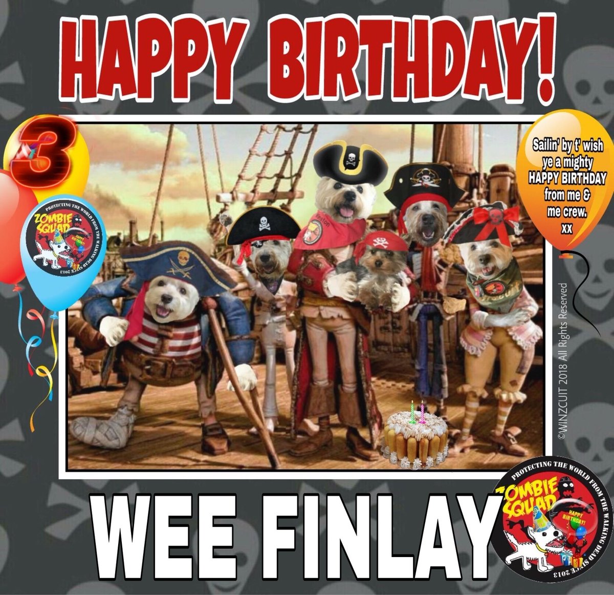 🎂Wishing a very 🎁HAPPY SWEET 3rd BIRTHDAY🎉 to our pawsome pal, WEE FINLAY from Leada Lord Billy & your ZombieSquad pals. We hope your special day is full of tasty treats, hugs & cayke, soldyer. RaaAAA!! 💜🎂🎁🎈🎁🎉 @finlaybinlay @ZSBirthday #ZSHQ