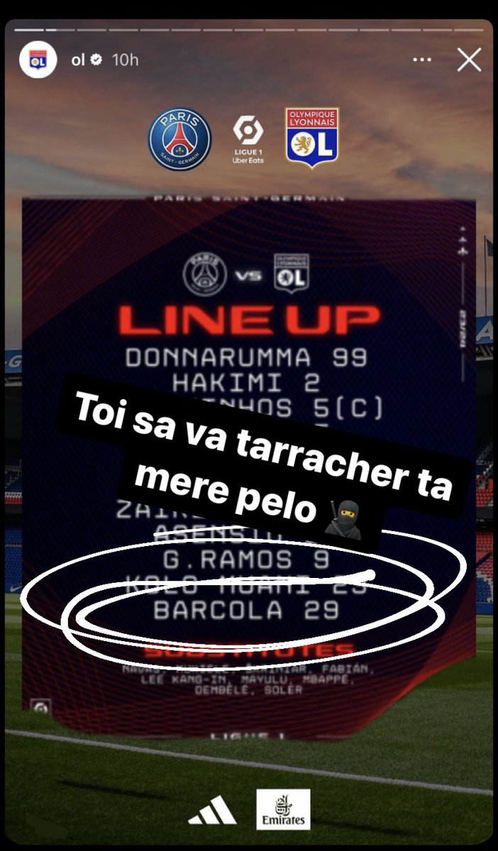 🚨🚨 La nouvelle story Instagram complètement LUNAIRE du CM de l’Olympique Lyonnais qui VRILLE COMPLET. 😳😳 Le match est lancé. 🔥 (Nico Pronos) #PSGOL #TeamOL #barcola #psg