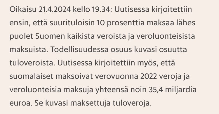 Aika iso oikaisu tehty @hsfi verojuttuun, mutta kaavio edelleen väärin? Onko huomioitu, että iso osa suurituloisten tuloista kokonaan verovapaita eikä siksi lainkaan tilastoissa? Suomi ansaitsisi parempaa verojournalismia, se vaikuttaisi politiikkaankin. hs.fi/talous/art-200…