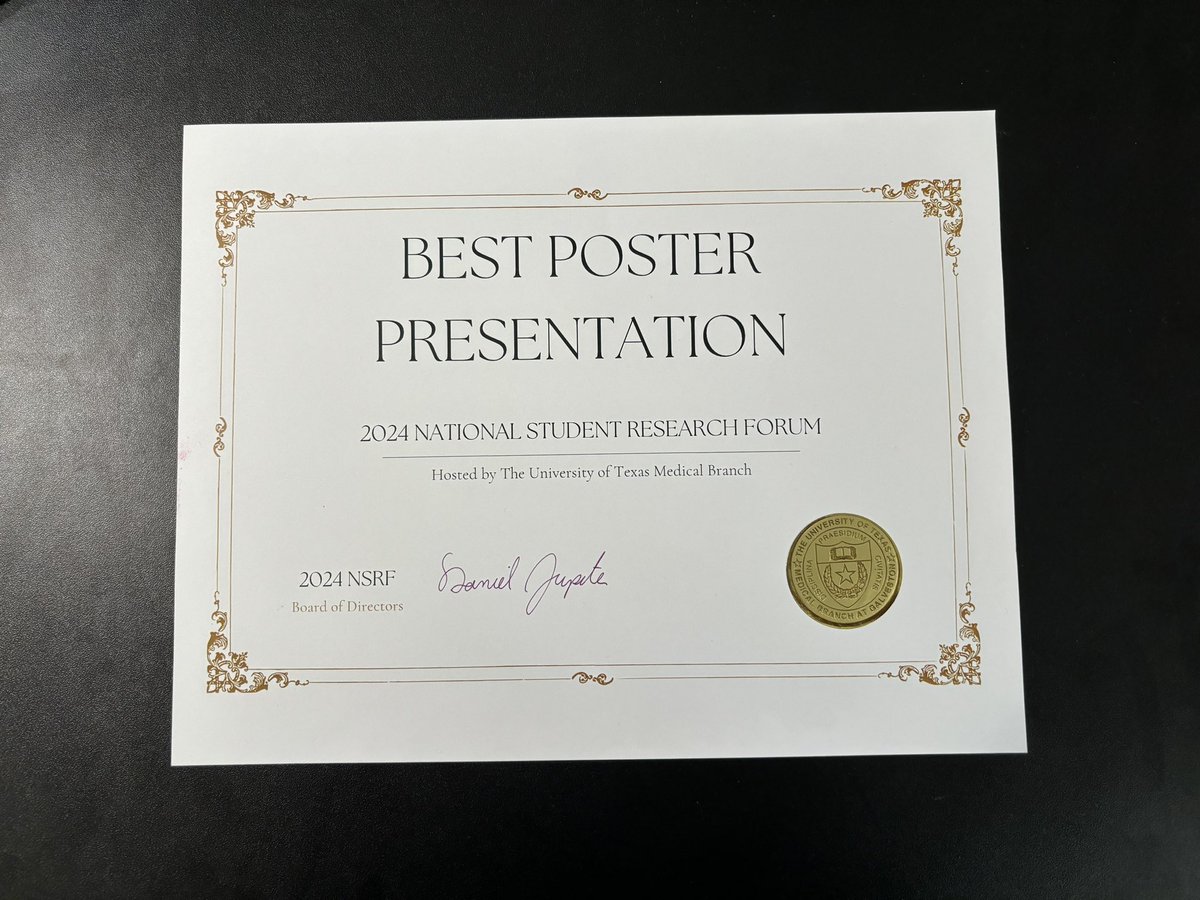 teerthypatel's tweet photo. Thank you to @UTMBGSBS for the amazing opportunity to participate at the NSRF research conference and meet and learn from fellow medical students from across the country. 
Honored to have won the best poster presentation award! https://t.co/xGdtrOHEDI
