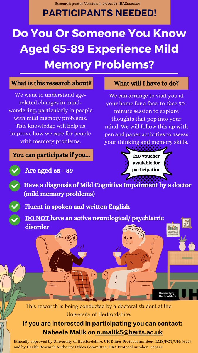 Beela (@beelamalik222) on Twitter photo Please help me recruit participants for my thesis looking at pre-markers of Alzheimer's Disease. I am for anyone aged between 65-89 in London with a diagnosis of Mild Cognitive Impairment. I can offer a £10 voucher for participation. Contact n.malik5@herts.ac.uk. Please share! Please help me recruit participants for my thesis looking at pre-markers of Alzheimer's Disease. I am for anyone aged between 65-89 in London with a diagnosis of Mild Cognitive Impairment. I can offer a £10 voucher for participation. Contact n.malik5@herts.ac.uk. Please share!