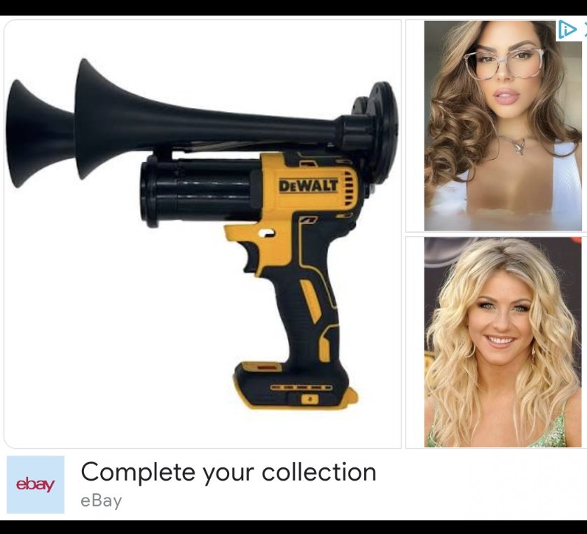 knightswim's tweet photo. @eBay I know you have everything under the sun on eBay but just wondering about an ad for you I was just given. What collection exactly am I completing with two women and an air horn? Is it thinks my wife would be mad to find in my bedroom? https://t.co/Mz5EWG7fa9