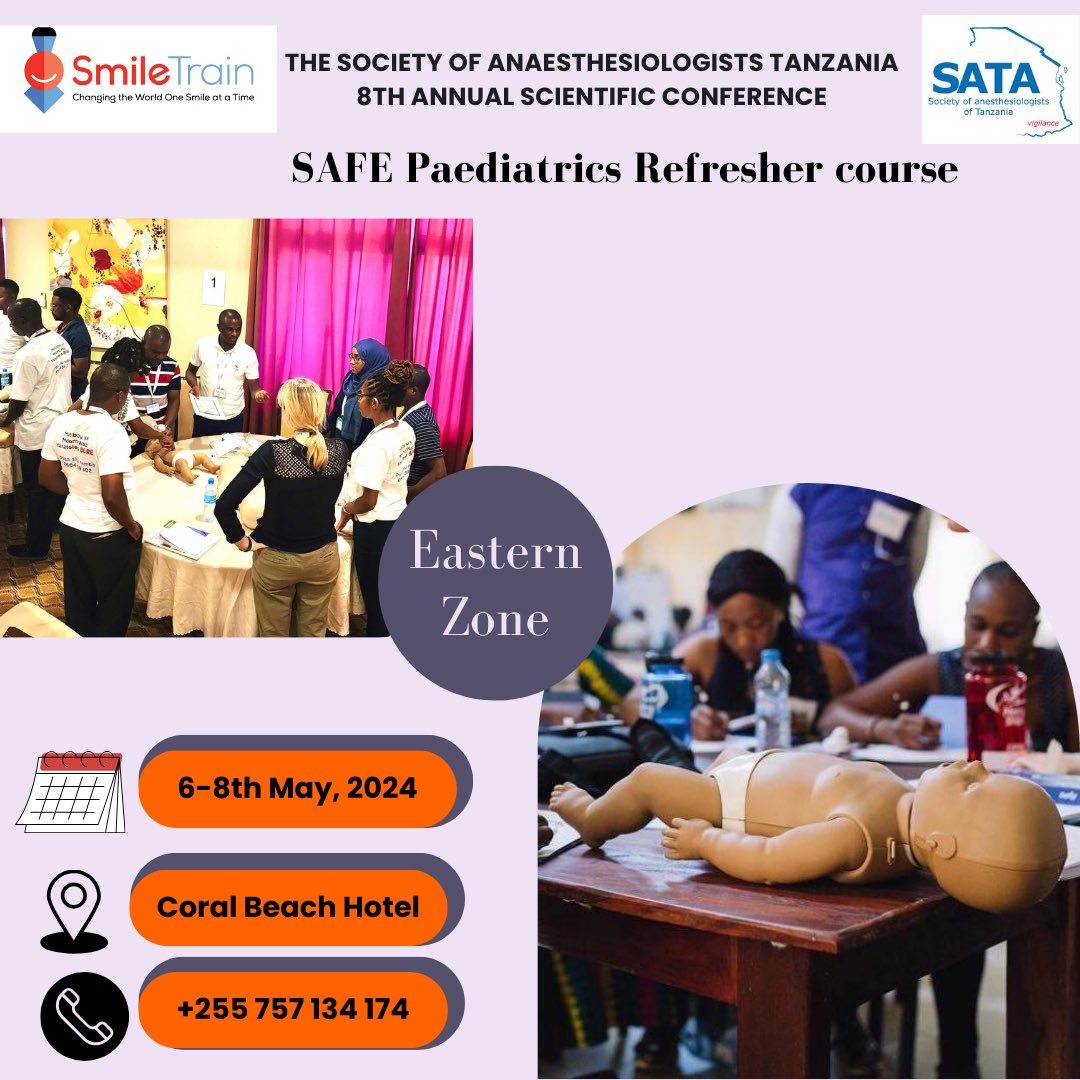 In collaboration with @SmileTrainAfric we're bringing you a SAFE Paediatric WORKSHOP in Dar es Salaam! SCOPE: 🧒Safety in paediatric anaesthesia 🧒Paediatric airway mgt 🧒Management of a sick child And many more! @SAFE_courses @wfsaorg @AAGBI #Anes2024 #AnesCon2024 #sata2024
