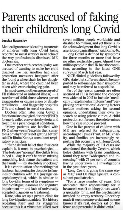 🚨Families falsely accused of abuse 🔥 from @JrRawnsley 🔥Key Quotes from @BinitaKane & Dr Nigel Speight 🔊'It's history repeating itself & it's staggering.' 🔊'Long Covid is going the same way as ME.' (in print only, 17th April, The Times)