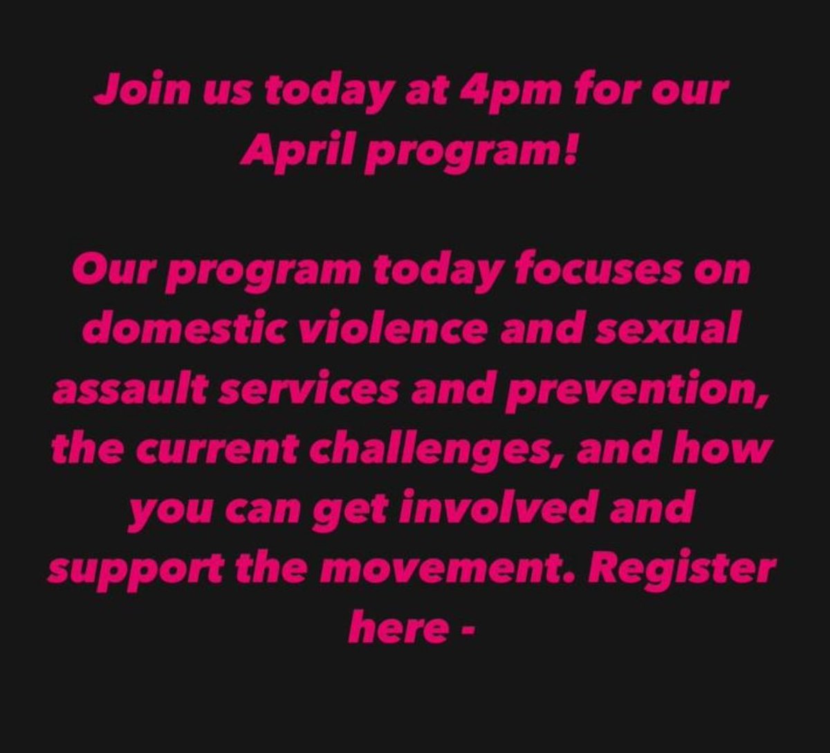 See you on zoom at 4pm! Our program today focuses on domestic violence and sexual assault services and prevention, the current challenges, and how you can get involved and support the movement. Register here - zoom.us/meeting/regist…