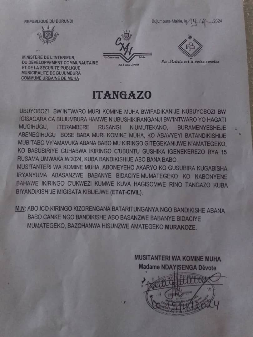 CommuneMuha's tweet photo. #Burundi Un délai de grâce accordé aux parents ayant des enfants non enregistrés à l'état civil. La date est fixée au 15/5/2024. De même aux couples vivant dans un mariages illégaux.  L'admin de @CommuneMuha les interpelle à régulariser leur union @MininterInfosBi @BurundiGov https://t.co/HD1rEt2YnG