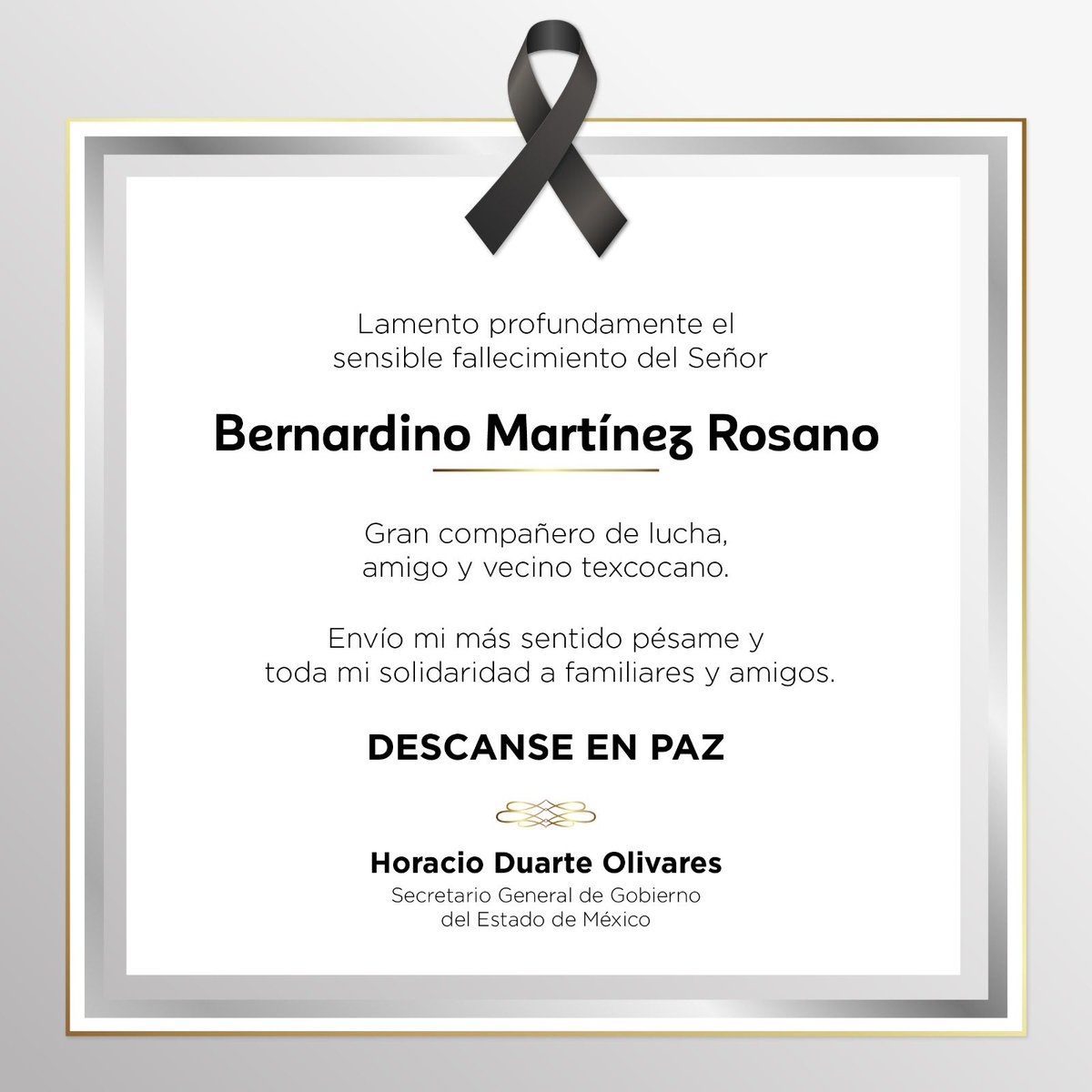 Con pesar recibo la noticia del fallecimiento de un gran amigo y vecino texcocano, Don Bernardino Martínez. Envío mis condolencias a sus seres queridos. Descanse en paz.