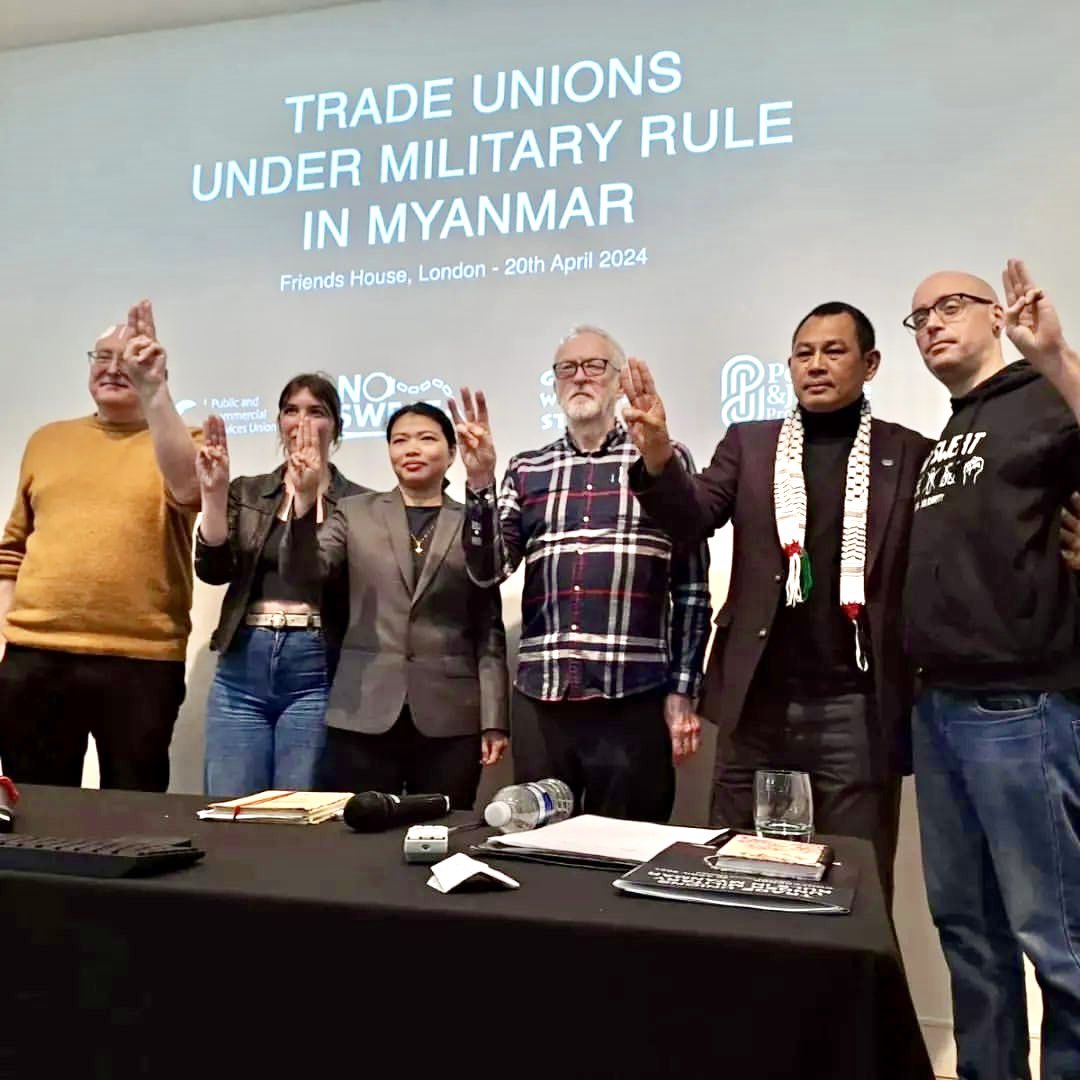 Powerful to see speakers including @jeremycorbyn, Dr Zarni of @officialFORSEA and union leader @KhaingZarAung20 raise three fingers in solidarity with trade unions in Myanmar at @No_Sweat conference co-hosted with @pcs_union @WomenStrike @Corbyn__Project #WhatsHappeninglnMyanmar