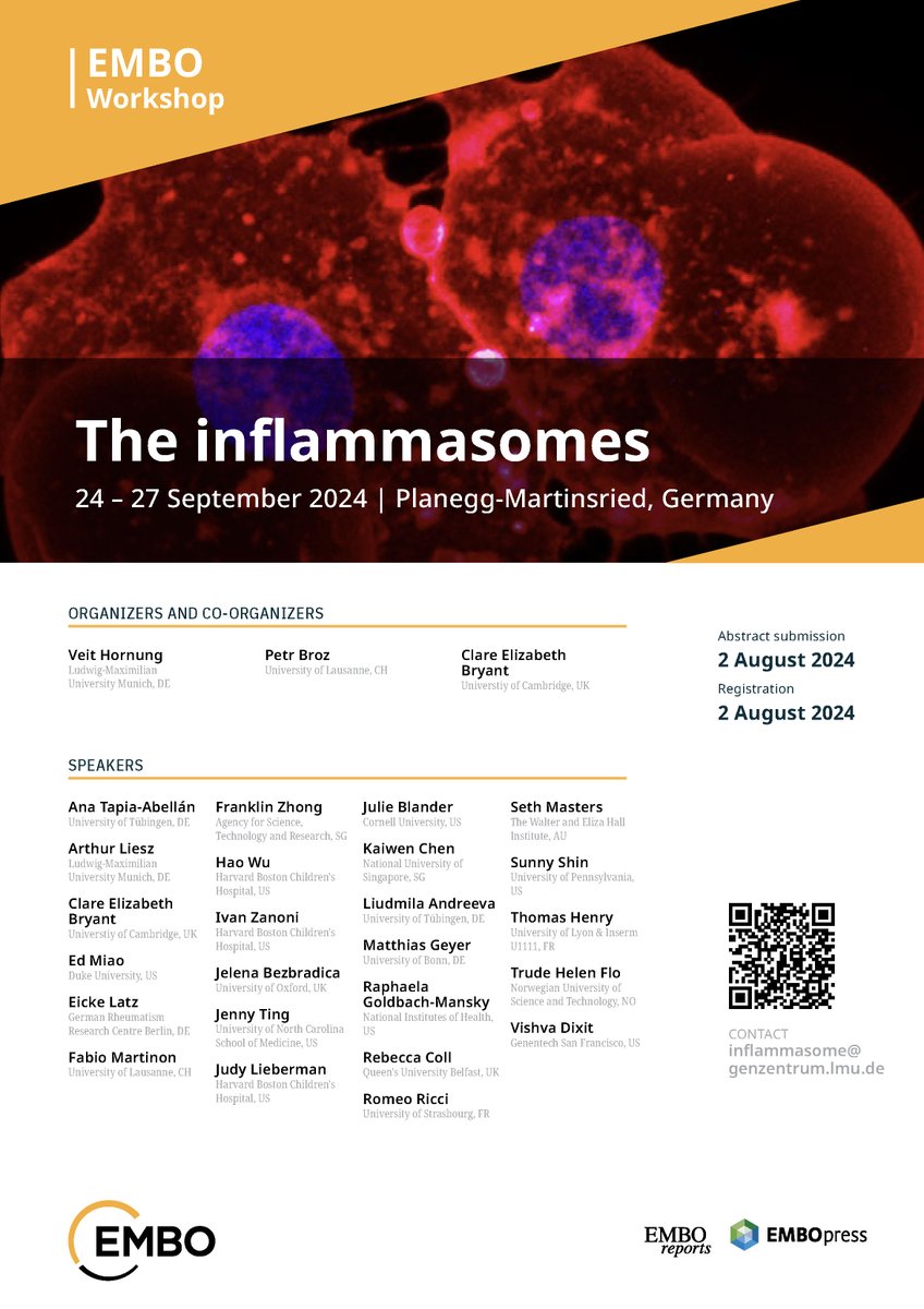 Our official poster is out 🪧 EMBO workshop 'The inflammasomes - 2024'. September 24 - 27, 2024 | Planegg-Martinsried, Germany - 4 keynote lectures - 20 talks - 15 short talk slots - many networking opportunities - 🎡 & 🥨 & 🍻 Register here 👇 meetings.embo.org/event/24-infla…