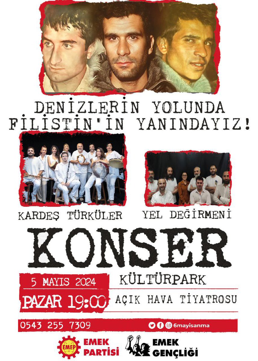 Denizlerin yolunda Filistin’in yanındayız! İdam edilişlerinin yıl dönümünde 3 fidanı anma etkinliğinde buluşuyoruz! 🎶 Kardeş Türküler - Yel Değirmeni 🗓️ 5 Mayıs Pazar ⏰ 19.00 📍Kültürpark Açıkhava Tiyatrosu @emekpartisi @Emepizmir @kardesturkuler_