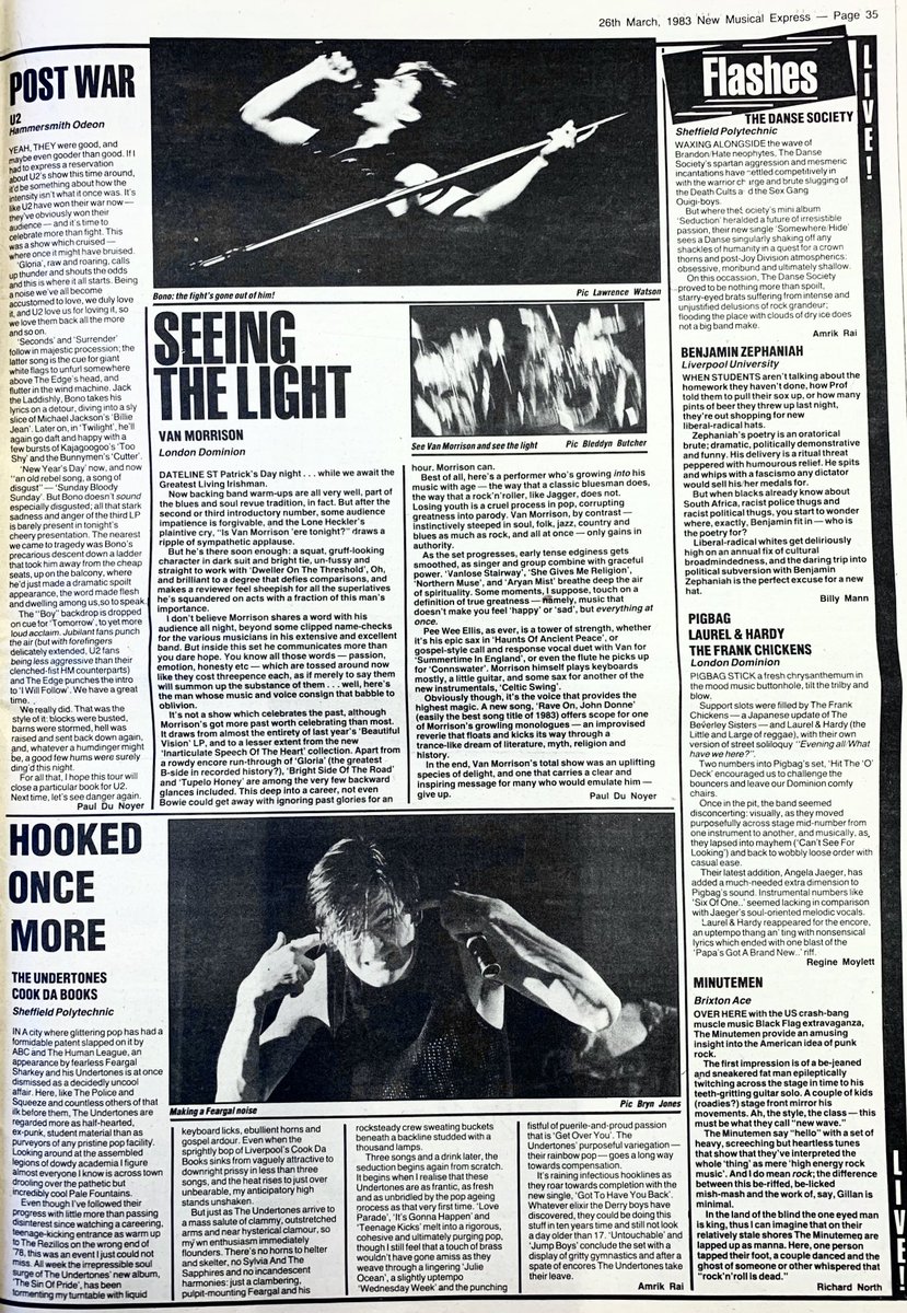 The Undertones, Van Morrison, Cook Da Books, U2, Minutemen, Pigbag, Frank Chickens, Laurel & Hardy, Danse Society, Benjamin Zephaniah. Live reviews, New Musical Express, 26 March 1983.