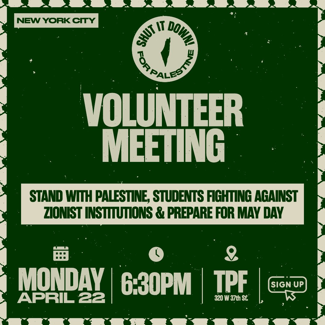 🇵🇸 Join us for this important volunteer meeting to prepare for another week in the fight for Palestinian liberation! Stand with the people of Palestine, the students across the country fighting against Zionist institutions and prepare for May Day!! 🗓️ Monday, April 22, 6:30PM…