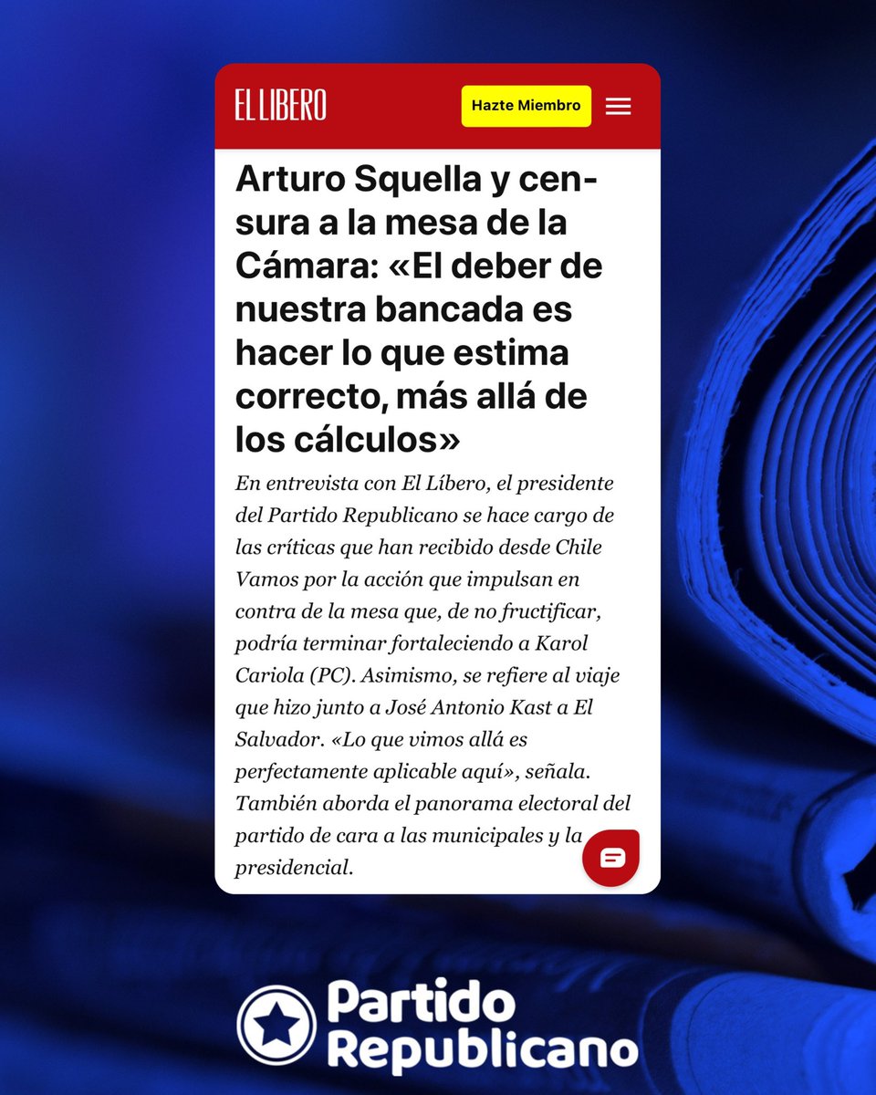 Nuestro presidente @arturo_squella fue entrevistado por @elliberocl sobre la última visita a El Salvador, la censura a la nueva mesa de la cámara y más 🇨🇱 Leer la nota completa aquí: ellibero.cl/actualidad/art…