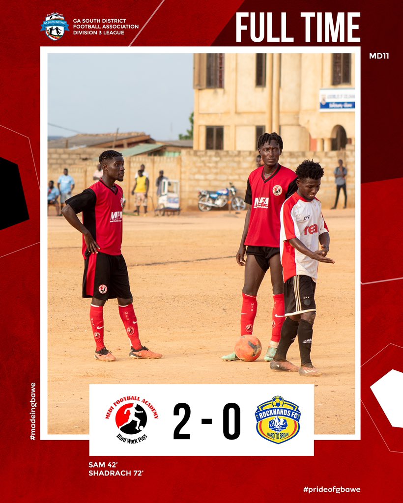 Full Time at Gbawe Methodist School Park… ⚽️🔴⚪️⚫️ D3

Accra Medi FC 2-0 Rockhands FC 
. 
#medifootballacademy #BringBackTheLove #football #ghana #youngtalent #gbawe #prideofgbawe #madeingbawe #matchday #african #league