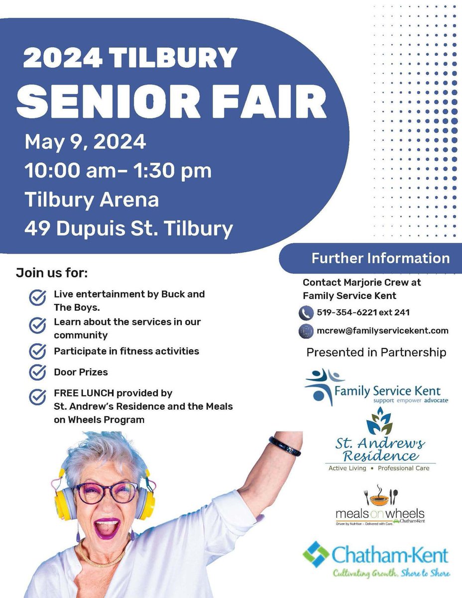 Visit Tilbury on May 9th for the 2024 Tilbury Senior Fair. From 10am-1:30pm in the Tilbury Arena. Free, lunch, live music, door prizes, free fitness activities and more. Contact Marjorie at 519354-6221 ext 241 to learn more. #YourTVCK #TrulyLocal #CKont #SeniorFair #Tilbury