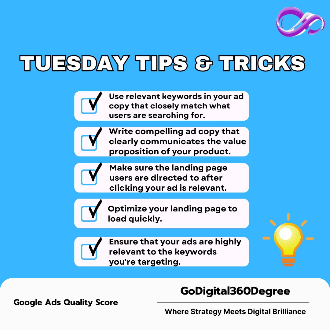 Discover the keys to Quality Score success in our weekly Tuesday Tips & Tricks! 🔍🔐

Let's define the spectrum of Digital Marketing with GoDigital360Degree ♾️

#godigital360degree #knowledgegraph #googleads #qualityscore #tipsandtricks #tuesdaytipsandtricks #qualityscoregoogle