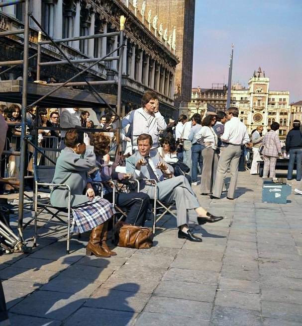 Sir Roger Moore and the Moonraker team in Venice, Italy.